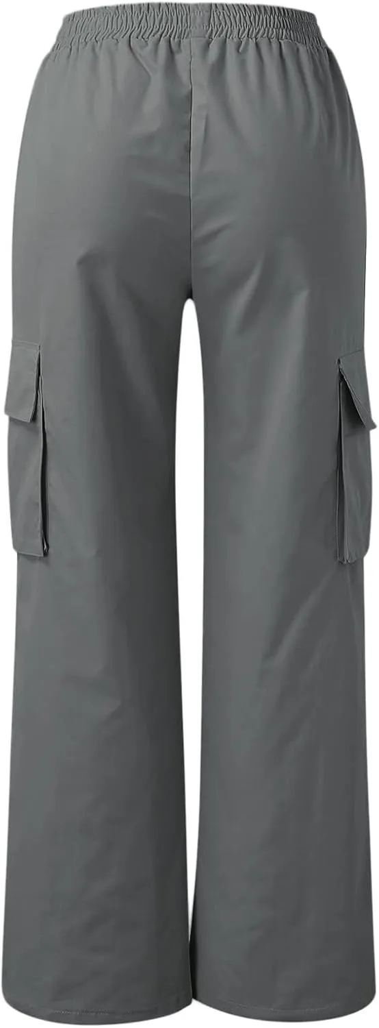 fanmpghleoo Baggy Cargo Pants Women High Waist Elastic Casual Wide Leg Pants Pull On Lightweight Hiking Trousers with Pockets