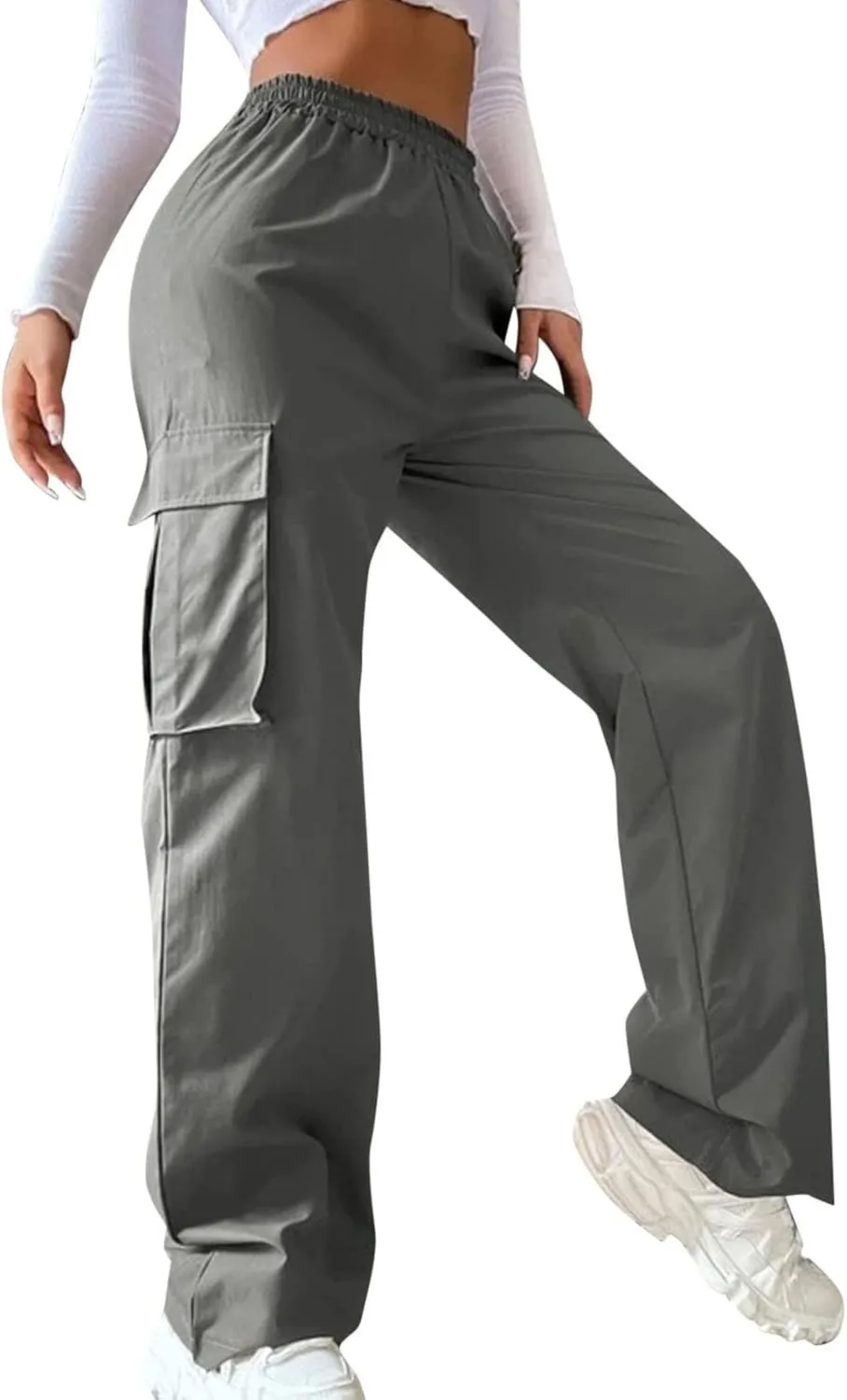 fanmpghleoo Baggy Cargo Pants Women High Waist Elastic Casual Wide Leg Pants Pull On Lightweight Hiking Trousers with Pockets