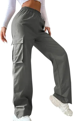 fanmpghleoo Baggy Cargo Pants Women High Waist Elastic Casual Wide Leg Pants Pull On Lightweight Hiking Trousers with Pockets