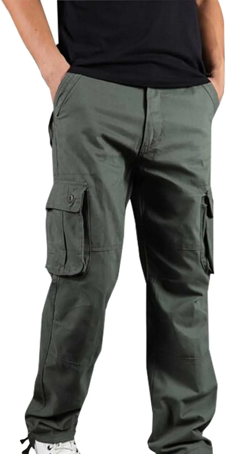 Fashion Cotton Cargo Pants Men Wear-Resistant Solid Color Multi Pockets Trousers Loose Straight Wide Leg Pants