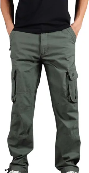 Fashion Cotton Cargo Pants Men Wear-Resistant Solid Color Multi Pockets Trousers Loose Straight Wide Leg Pants