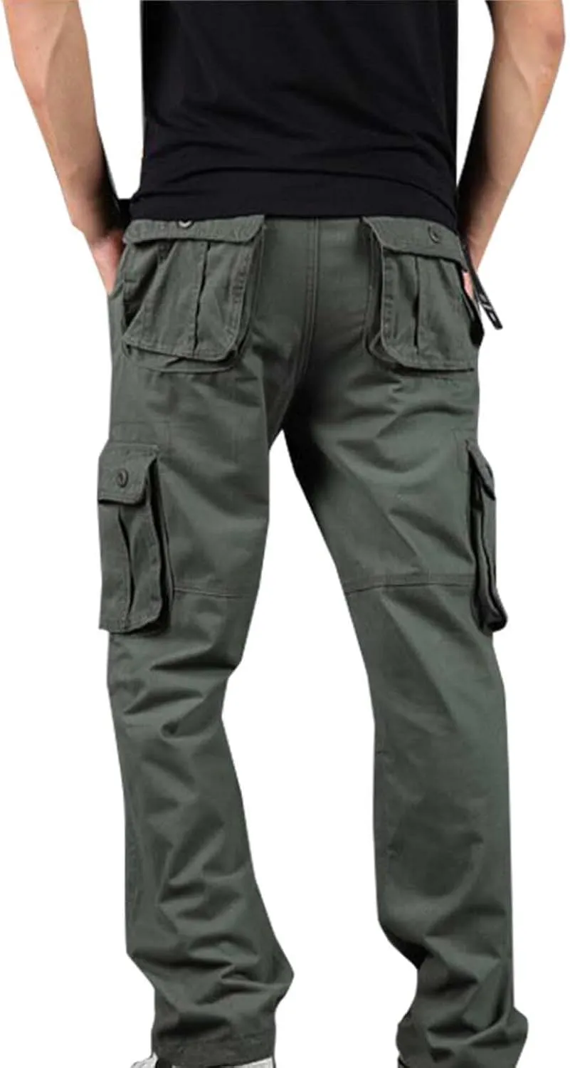 Fashion Cotton Cargo Pants Men Wear-Resistant Solid Color Multi Pockets Trousers Loose Straight Wide Leg Pants