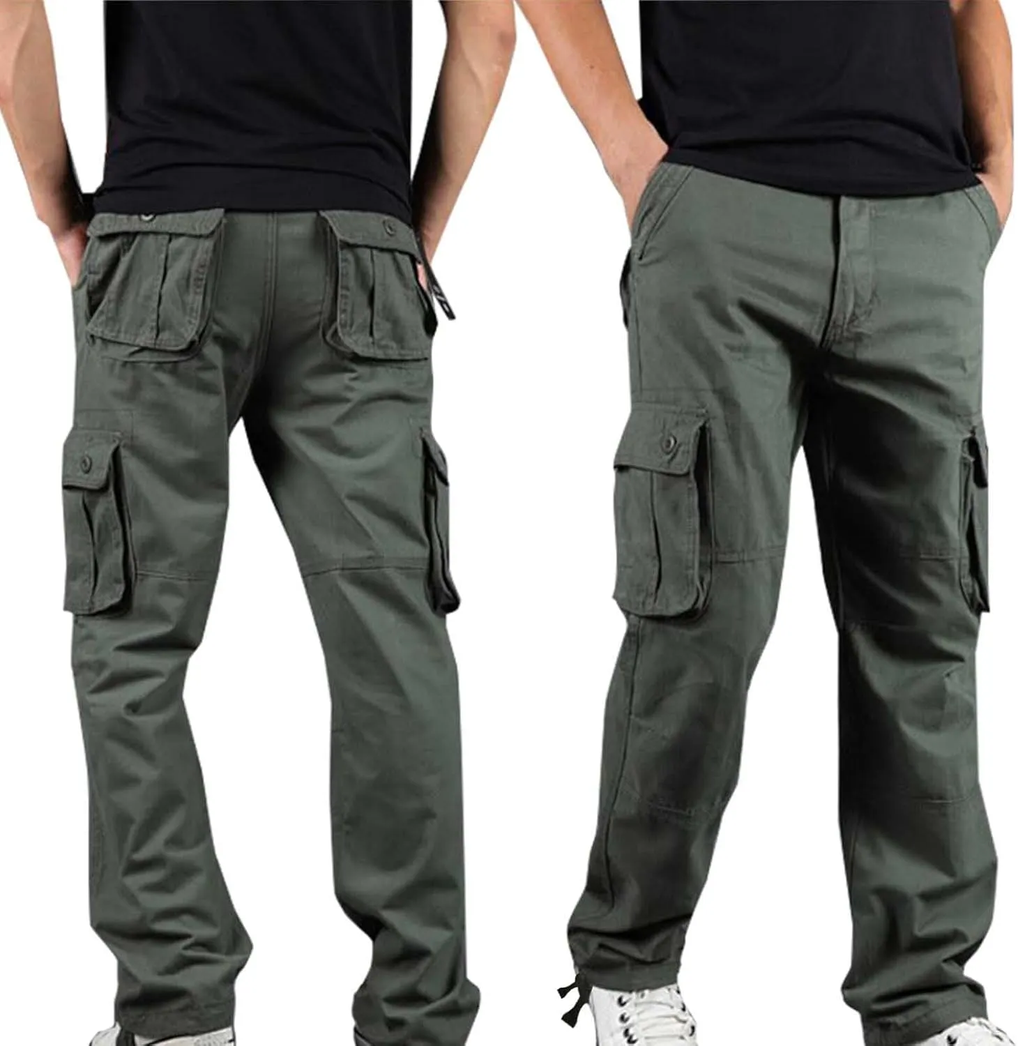 Fashion Cotton Cargo Pants Men Wear-Resistant Solid Color Multi Pockets Trousers Loose Straight Wide Leg Pants