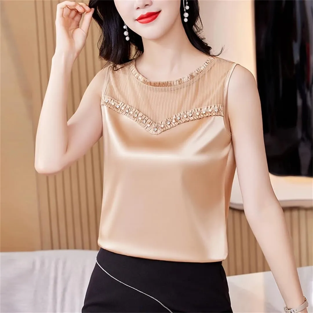 Fashion Women Beaded Tank Top Summer Silk Satin Shirt Round Neck Sleeveless Camisole