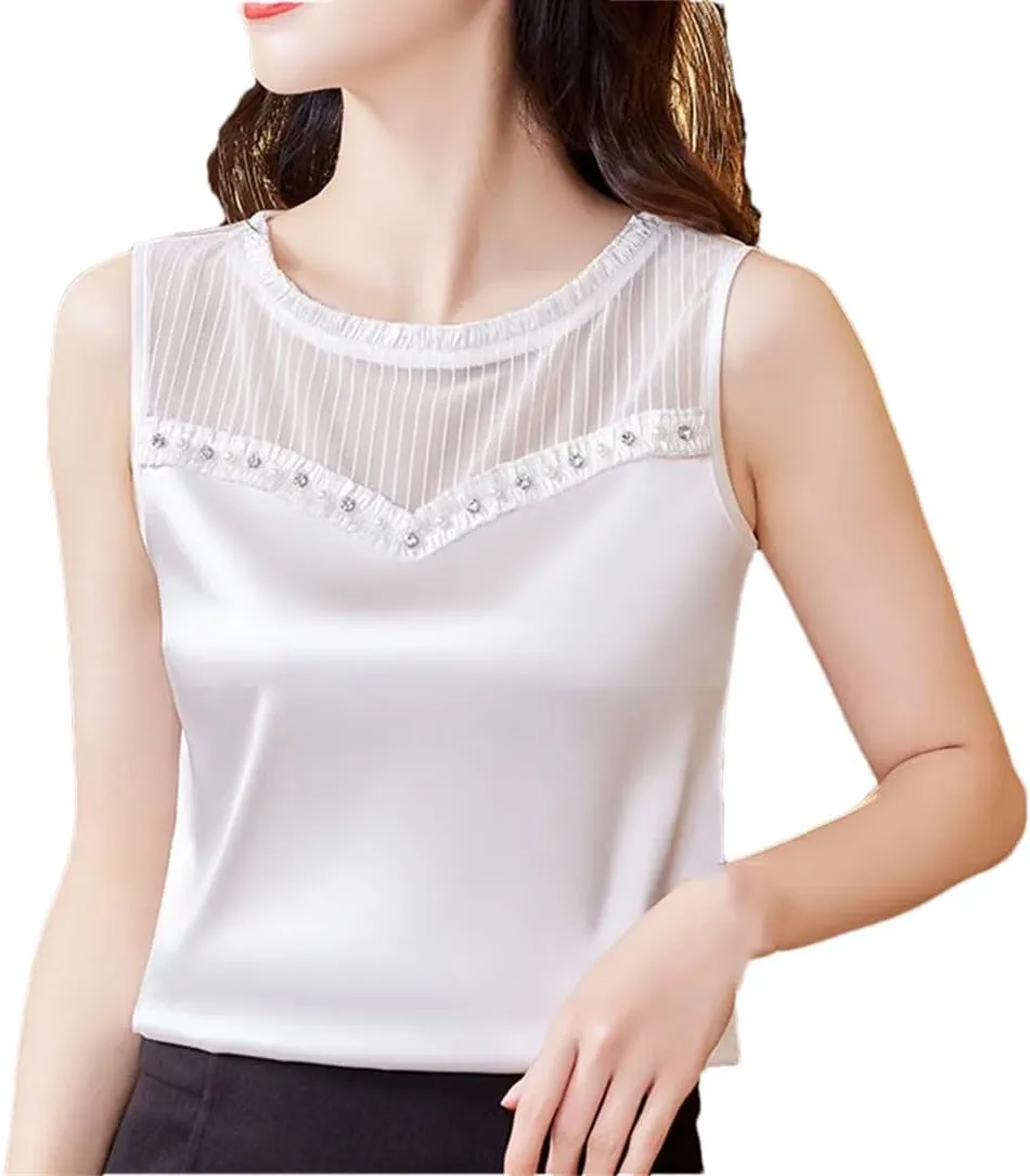 Fashion Women Beaded Tank Top Summer Silk Satin Shirt Round Neck Sleeveless Camisole