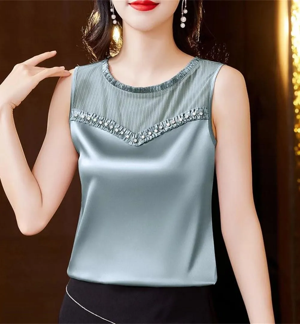 Fashion Women Beaded Tank Top Summer Silk Satin Shirt Round Neck Sleeveless Camisole