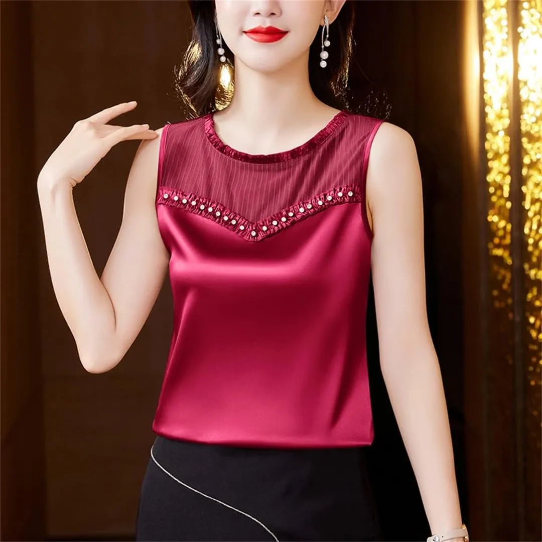 Fashion Women Beaded Tank Top Summer Silk Satin Shirt Round Neck Sleeveless Camisole
