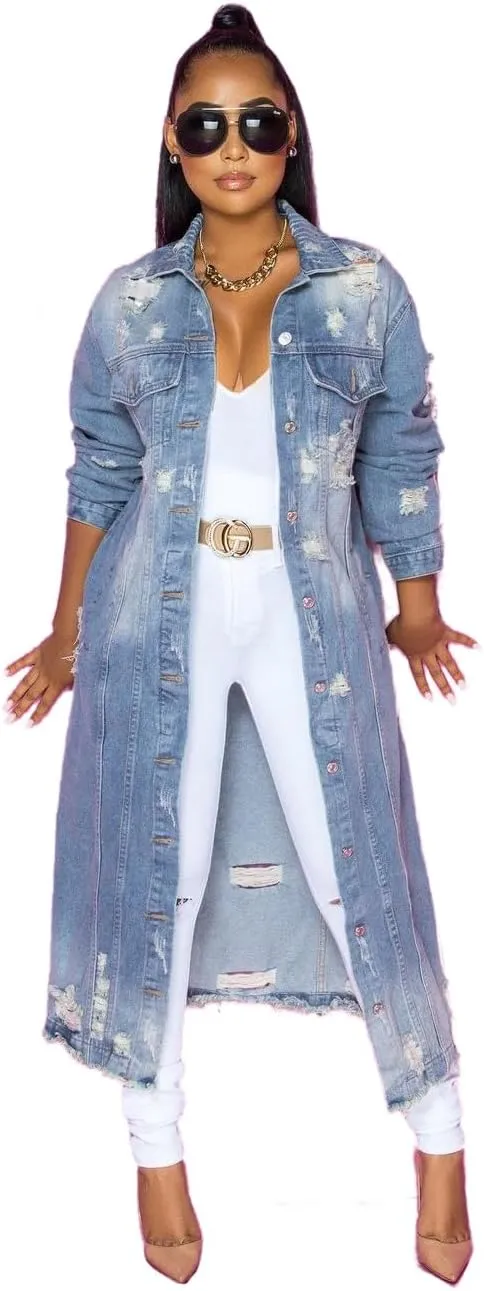 Fashion Women's Spring Autumn Distressed Denim Trench Coat Ripped Holes Maxi Long Denim Ripped Details Jacket