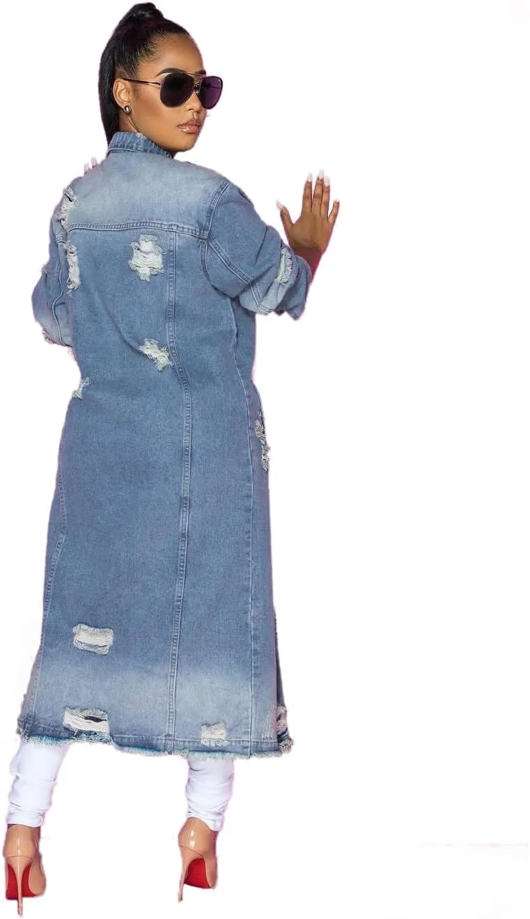Fashion Women's Spring Autumn Distressed Denim Trench Coat Ripped Holes Maxi Long Denim Ripped Details Jacket
