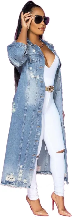 Fashion Women's Spring Autumn Distressed Denim Trench Coat Ripped Holes Maxi Long Denim Ripped Details Jacket