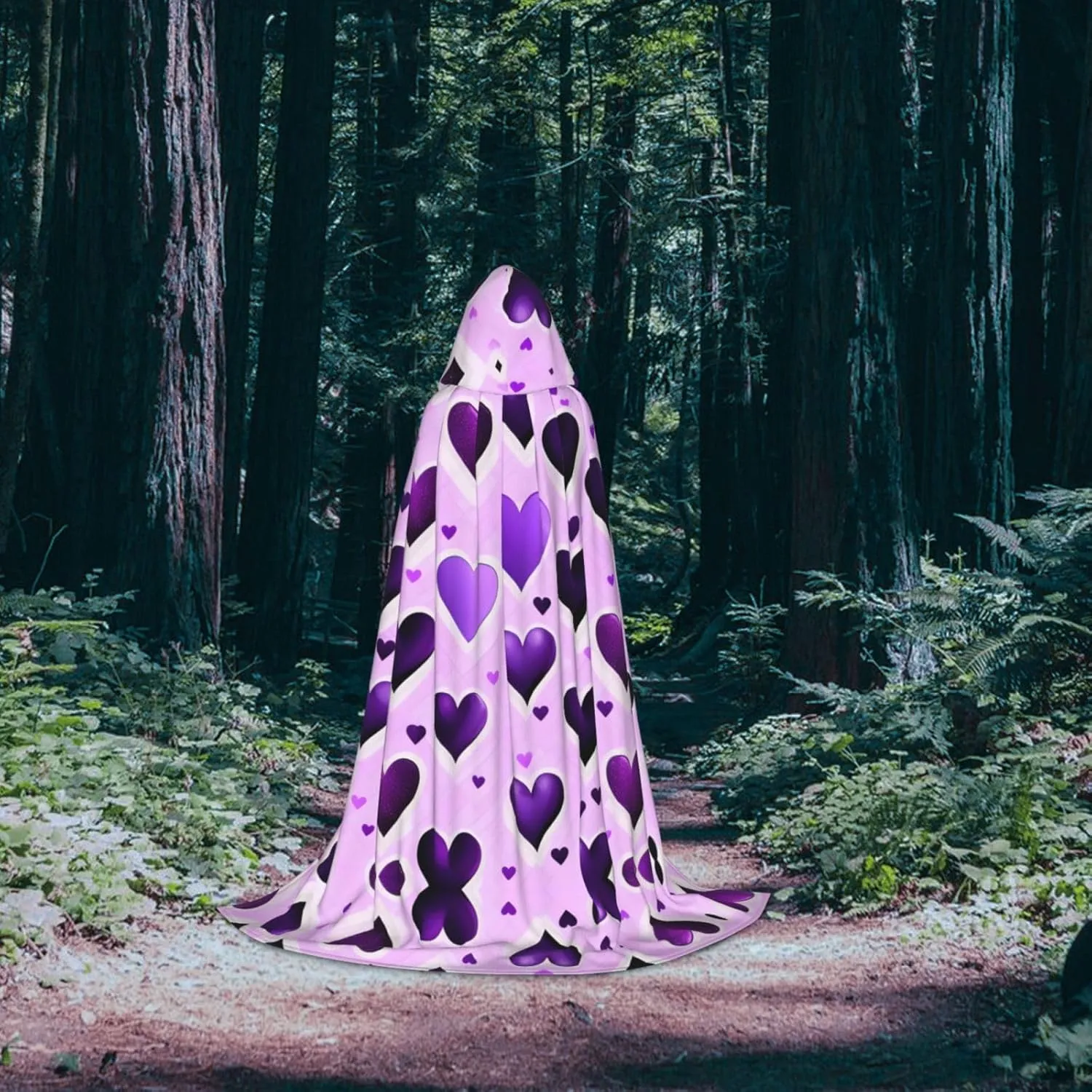 Fashional Purple Hearts Hooded Cloak Coat Winter Warm Long Cloak Cosplay Costumes Outerwear Carnivals Hoodies Capes
