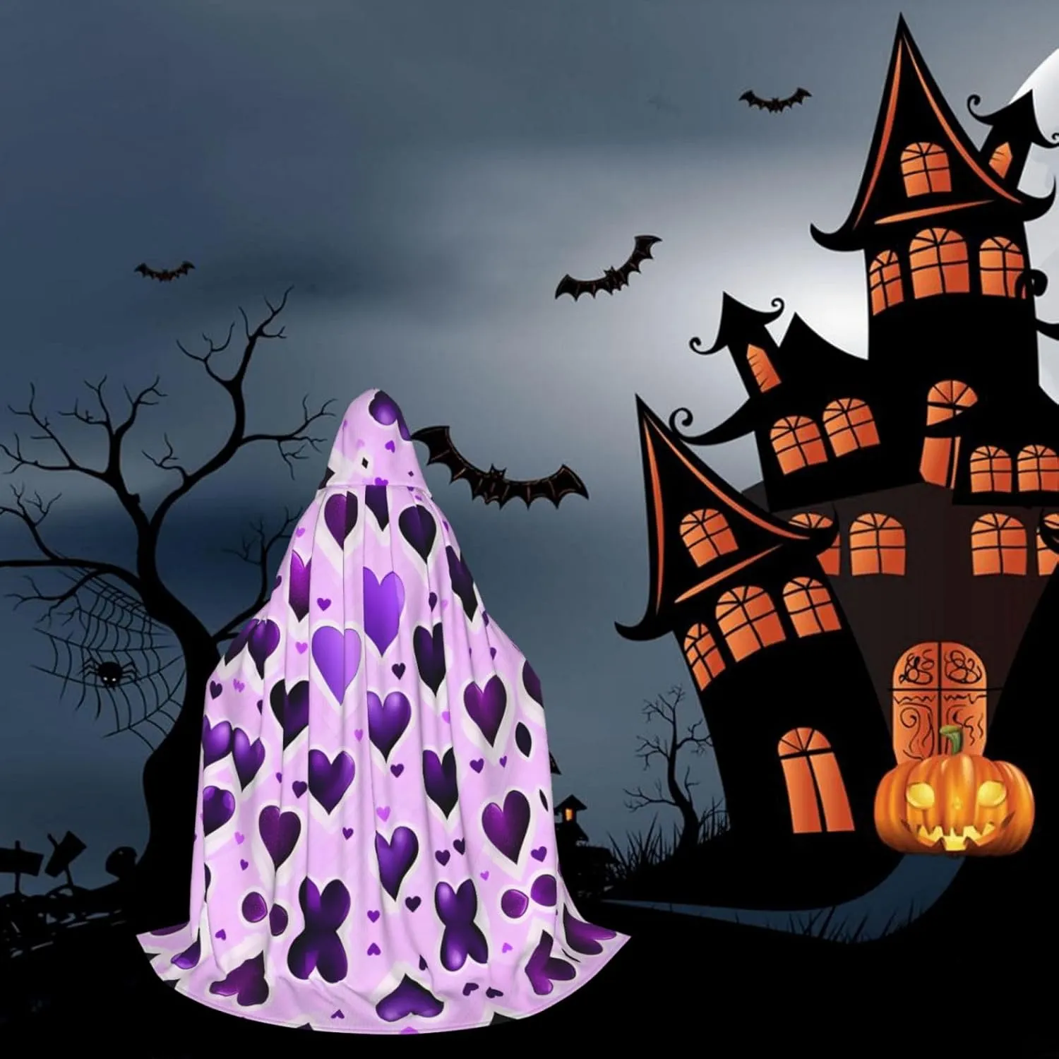 Fashional Purple Hearts Hooded Cloak Coat Winter Warm Long Cloak Cosplay Costumes Outerwear Carnivals Hoodies Capes
