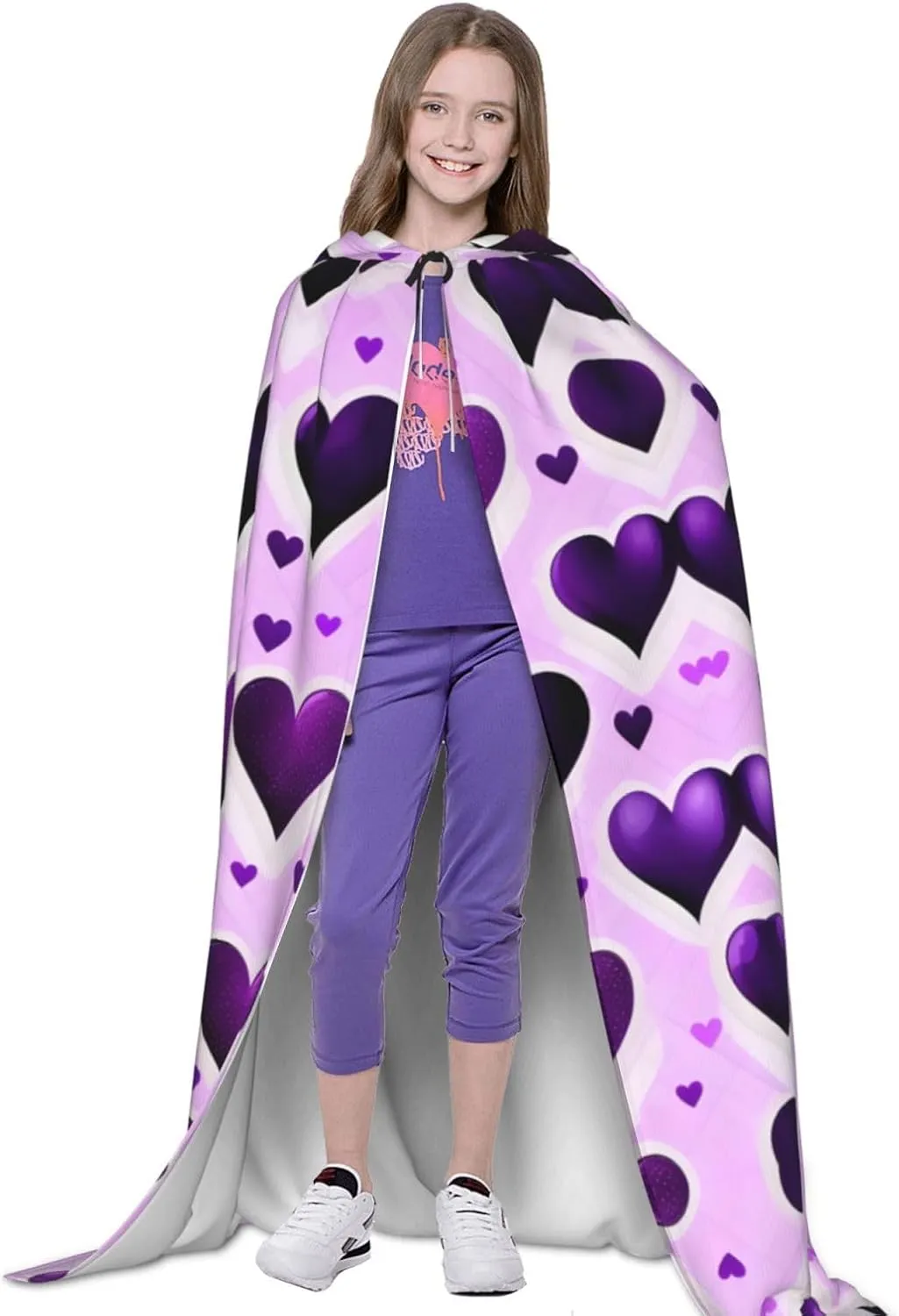 Fashional Purple Hearts Hooded Cloak Coat Winter Warm Long Cloak Cosplay Costumes Outerwear Carnivals Hoodies Capes
