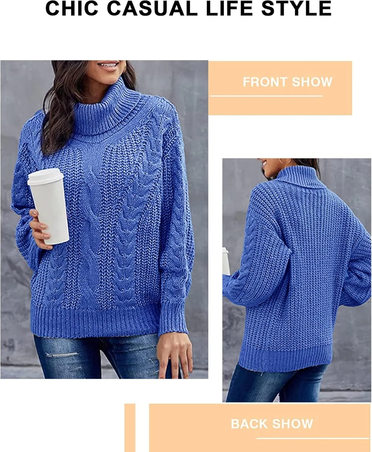 Fashionme Chic Ballon Sleeve Winter Turtleneck Chunky Sweater Slouchy Oversized Loose Pullover Outerwear Warm Thick