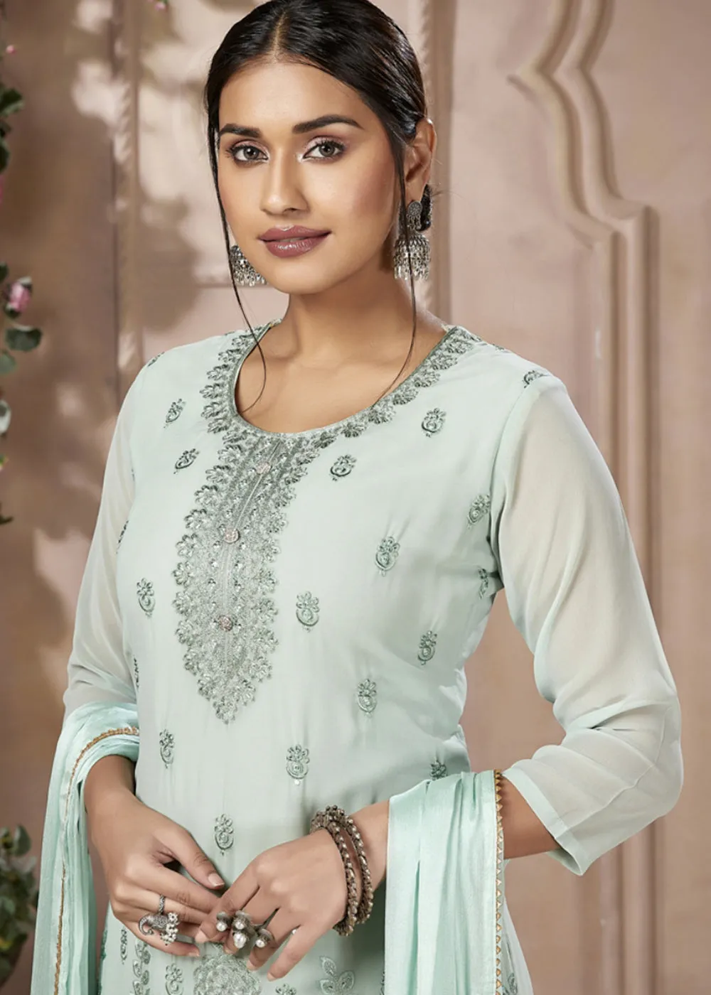 Festive Look Light Green Embroidered Pant Style Salwar Suit