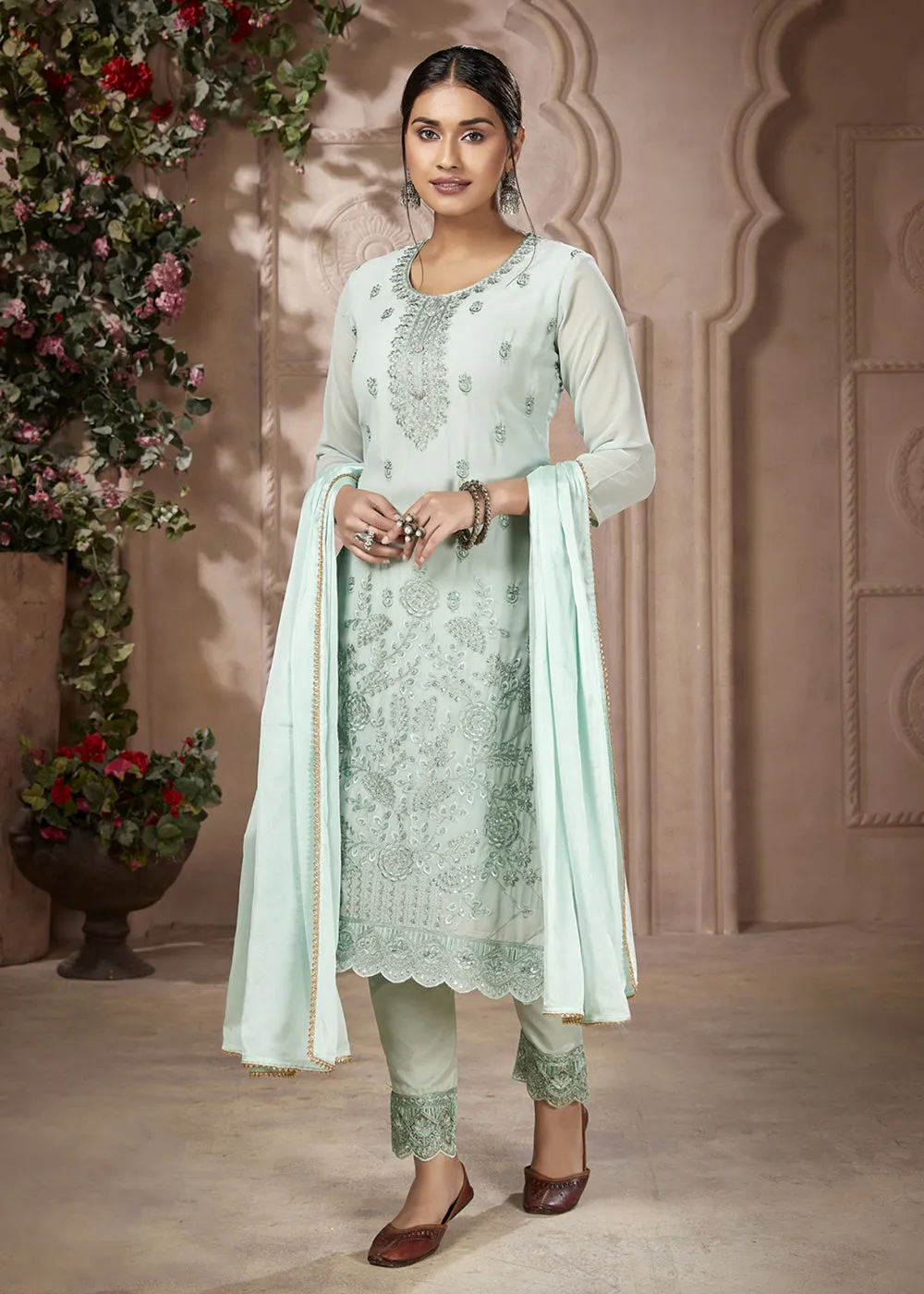 Festive Look Light Green Embroidered Pant Style Salwar Suit