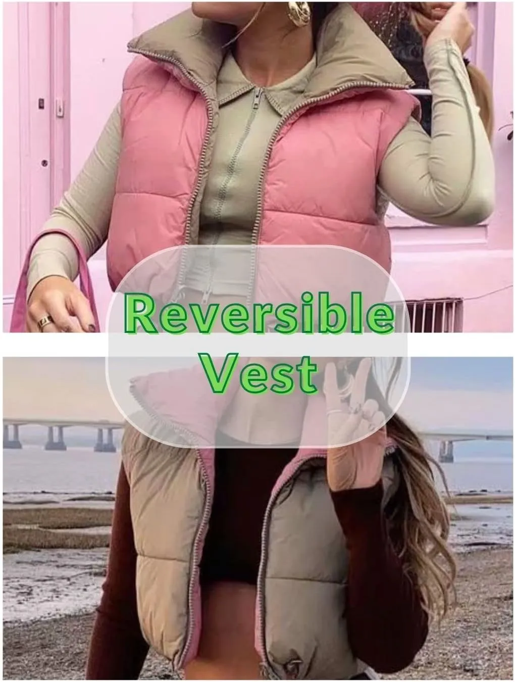 FindThy Women's Crop Puffer Vest Drawstring Full-Zip Reversible Puffy Vest Winter Waistcoat