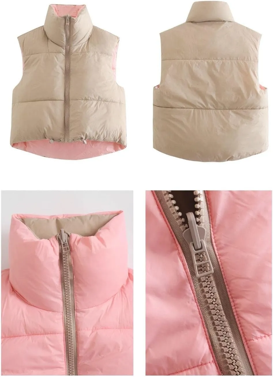 FindThy Women's Crop Puffer Vest Drawstring Full-Zip Reversible Puffy Vest Winter Waistcoat