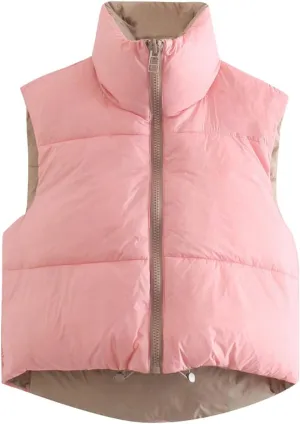 FindThy Women's Crop Puffer Vest Drawstring Full-Zip Reversible Puffy Vest Winter Waistcoat