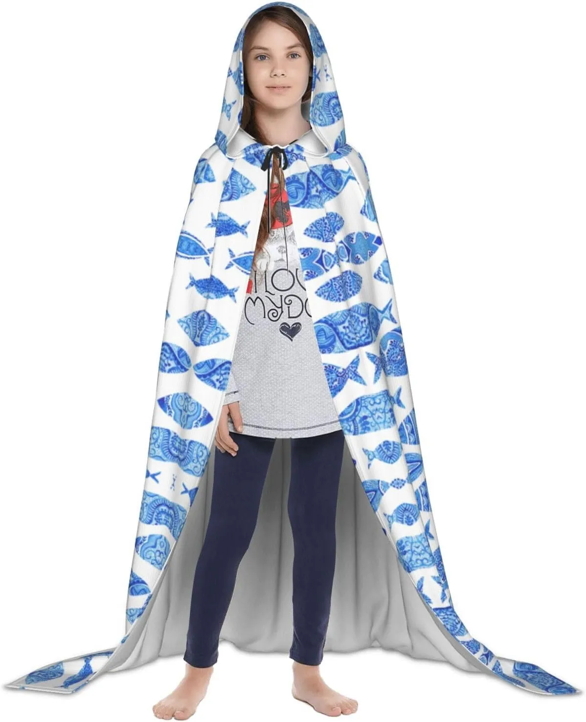 Fish Painting Hooded Cloak Coat Winter Warm Long Cloak Cosplay Costumes Outerwear Carnivals Hoodies Capes