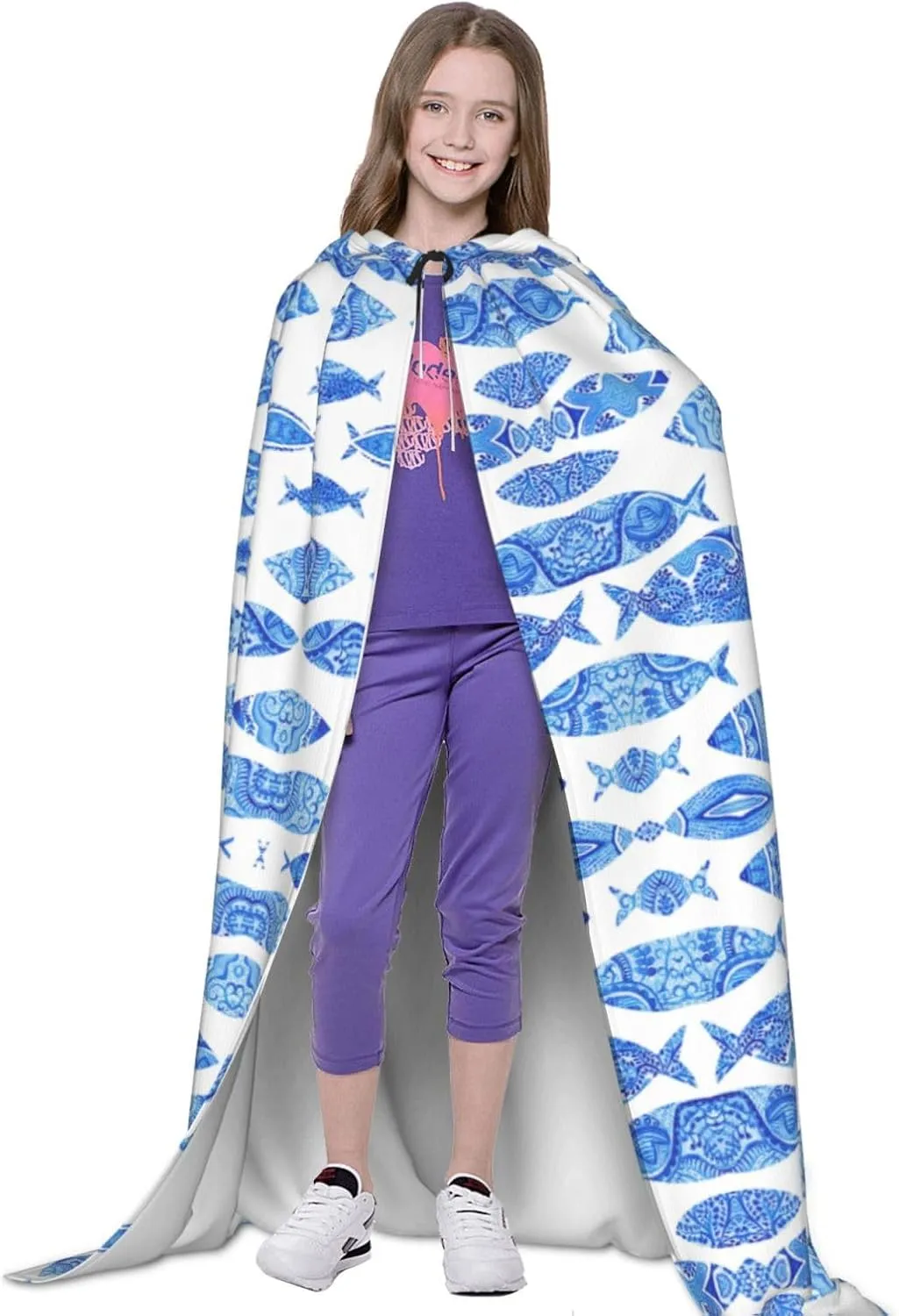 Fish Painting Hooded Cloak Coat Winter Warm Long Cloak Cosplay Costumes Outerwear Carnivals Hoodies Capes