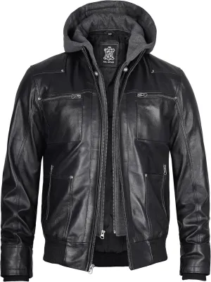 fjackets Real Leather Bomber Jacket - Motorcycle Casual Stand Collar Jackets with Removable Hood