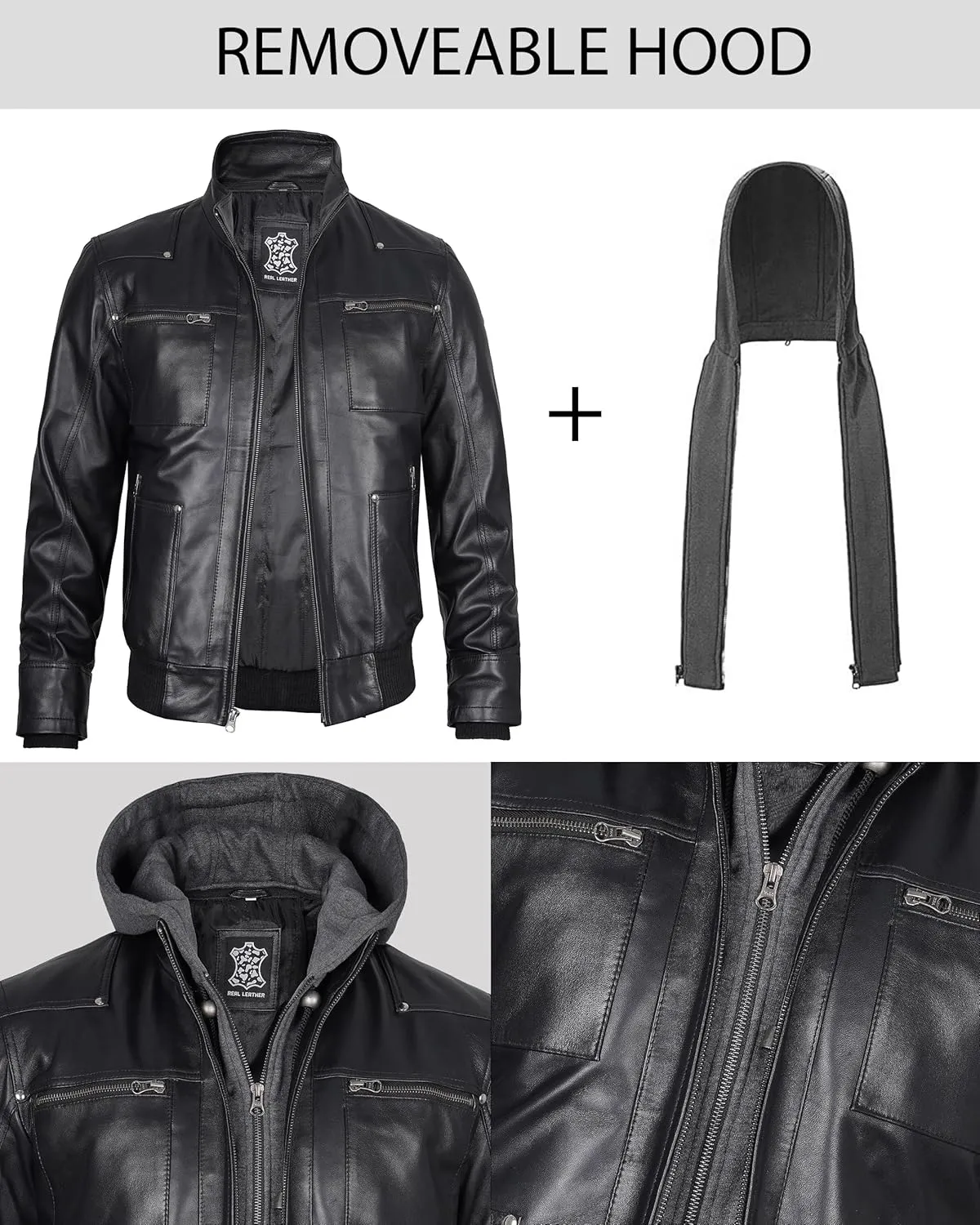 fjackets Real Leather Bomber Jacket - Motorcycle Casual Stand Collar Jackets with Removable Hood
