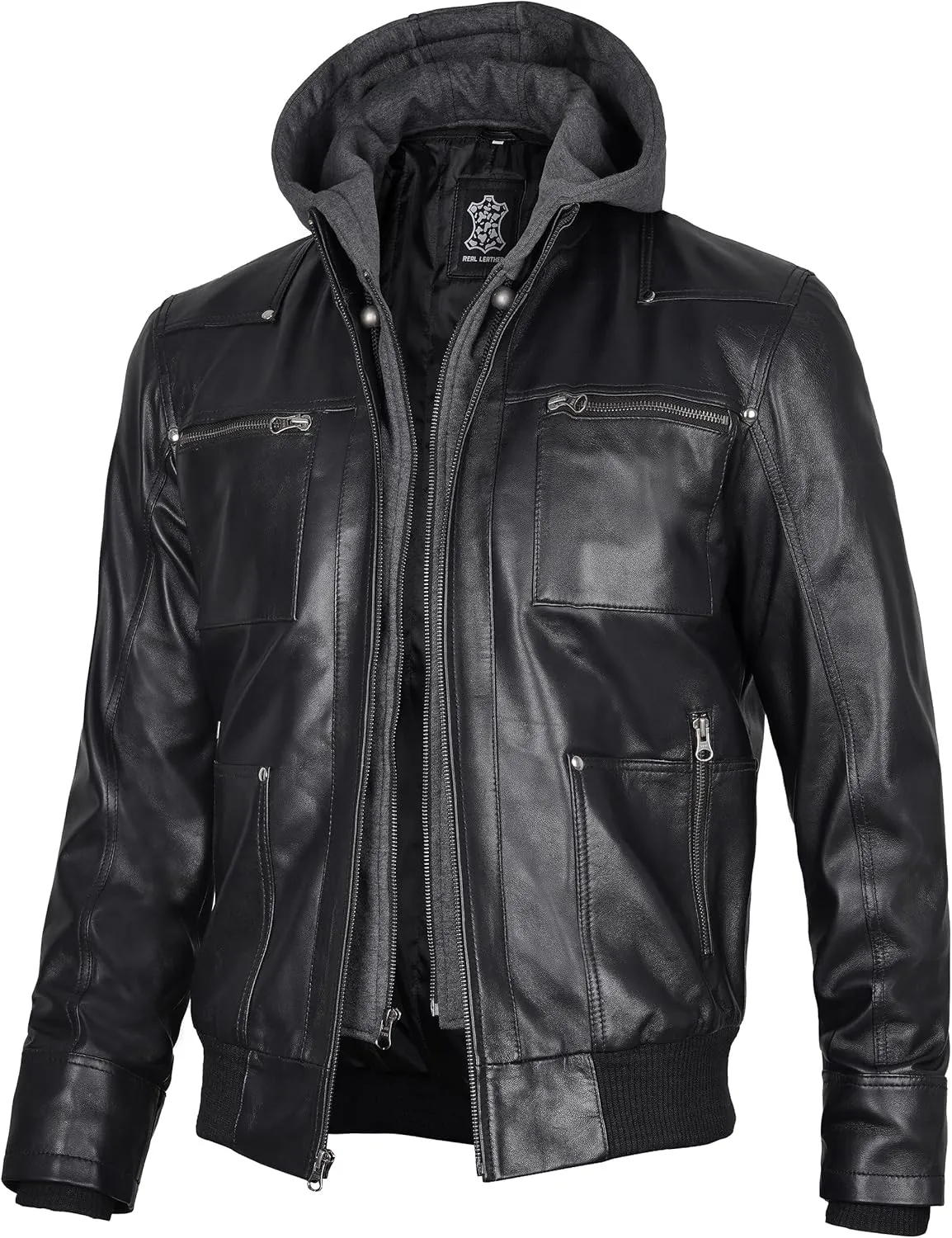 fjackets Real Leather Bomber Jacket - Motorcycle Casual Stand Collar Jackets with Removable Hood