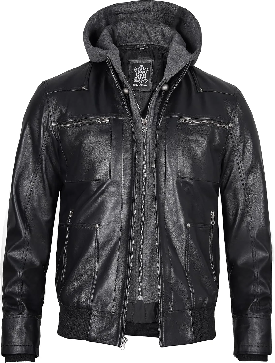 fjackets Real Leather Bomber Jacket - Motorcycle Casual Stand Collar Jackets with Removable Hood
