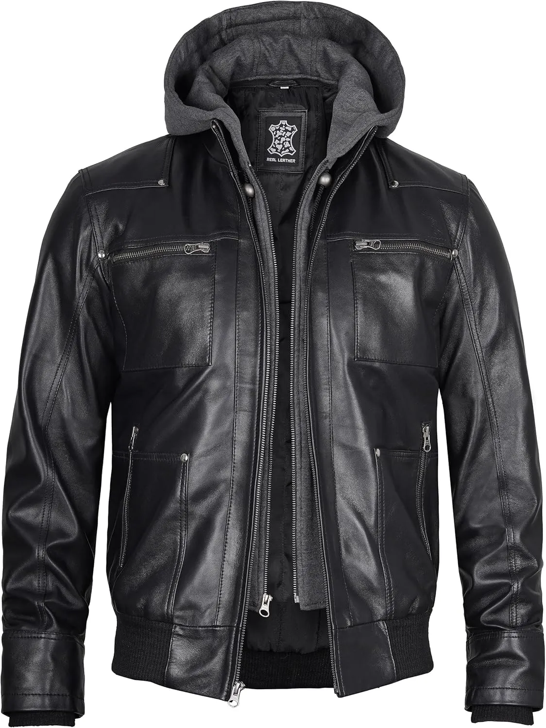 fjackets Real Leather Bomber Jacket - Motorcycle Casual Stand Collar Jackets with Removable Hood