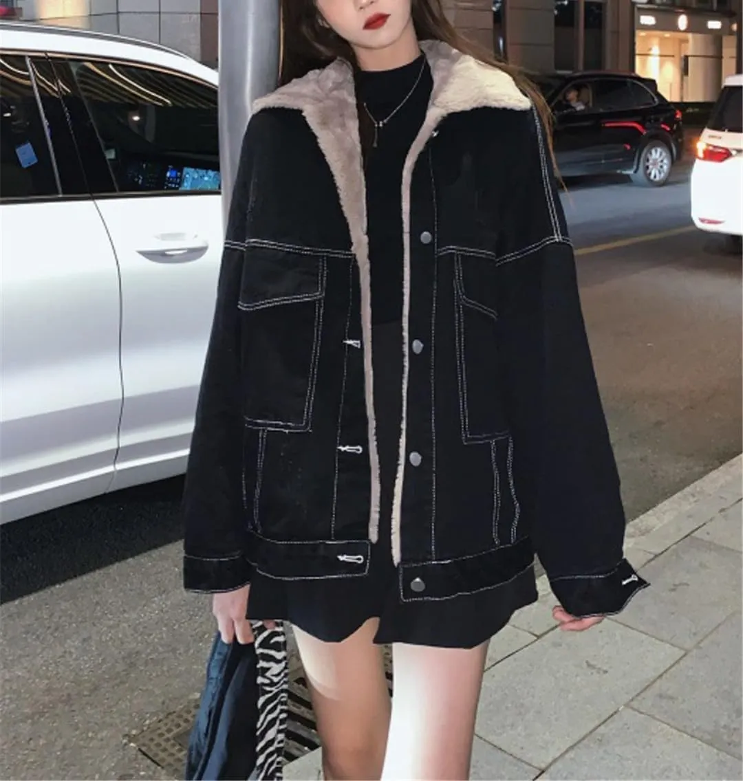 Fjnbbiot Fashion Winter Women Coat Warm Lapel Thick Jacket Casual Work Clothes Cotton Padded Denim Jackets