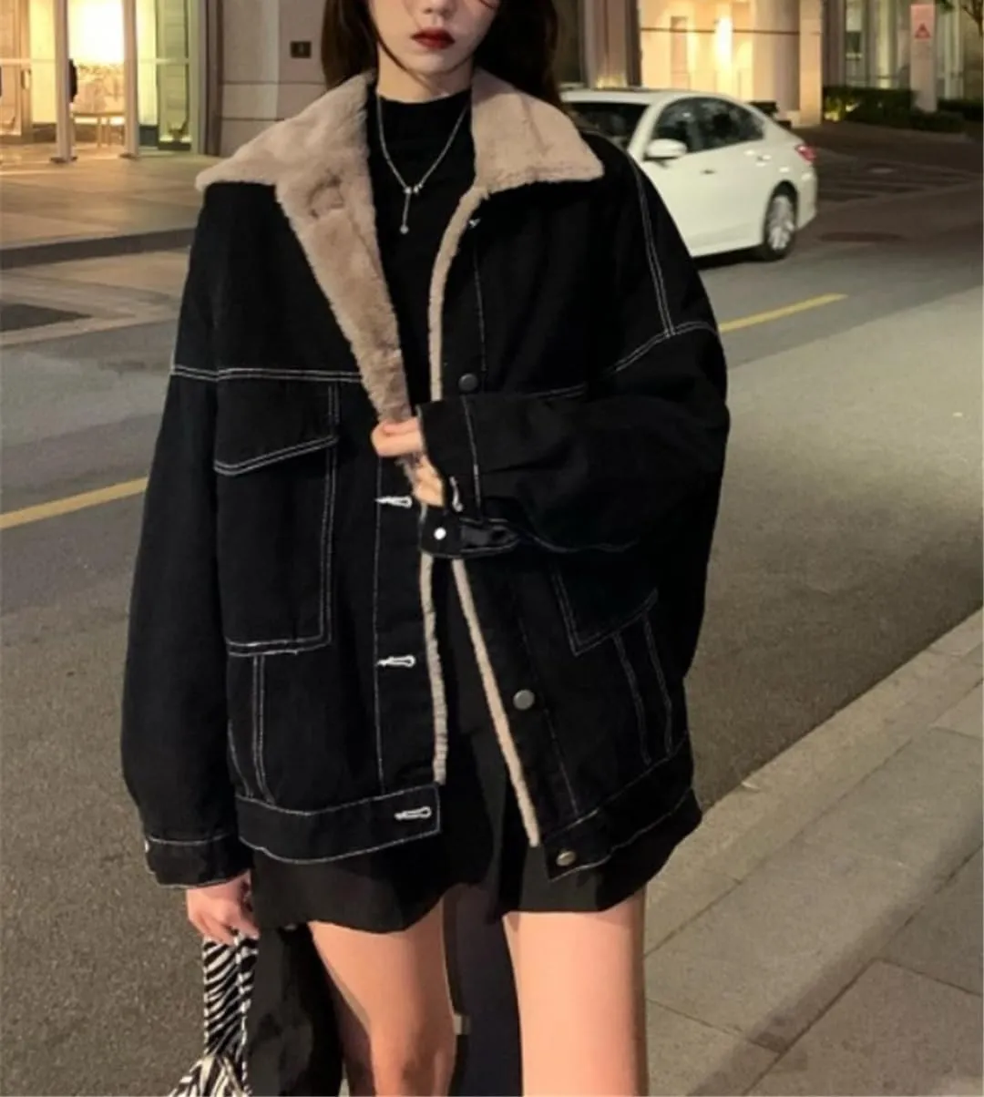 Fjnbbiot Fashion Winter Women Coat Warm Lapel Thick Jacket Casual Work Clothes Cotton Padded Denim Jackets