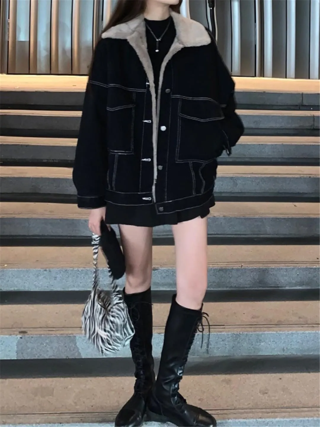 Fjnbbiot Fashion Winter Women Coat Warm Lapel Thick Jacket Casual Work Clothes Cotton Padded Denim Jackets