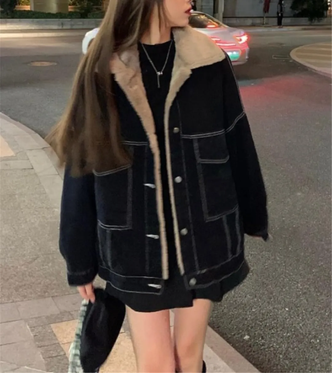 Fjnbbiot Fashion Winter Women Coat Warm Lapel Thick Jacket Casual Work Clothes Cotton Padded Denim Jackets