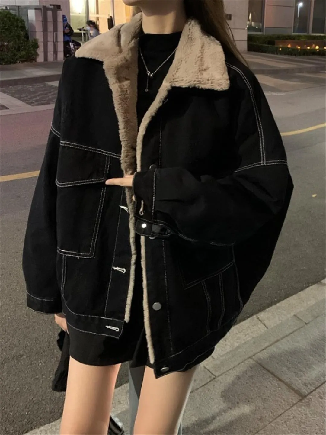 Fjnbbiot Fashion Winter Women Coat Warm Lapel Thick Jacket Casual Work Clothes Cotton Padded Denim Jackets