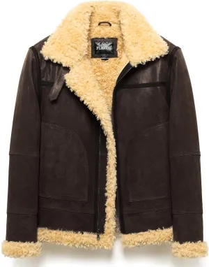 FLAVOR Men's Leather Bomber Jacket Winter Warm Shearling Aviator Jackets with Adjustable Belt Strap