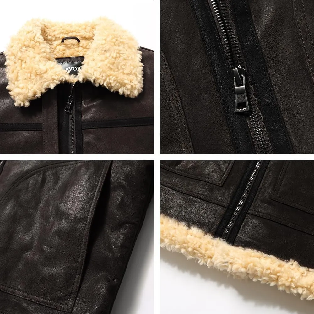 FLAVOR Men's Leather Bomber Jacket Winter Warm Shearling Aviator Jackets with Adjustable Belt Strap