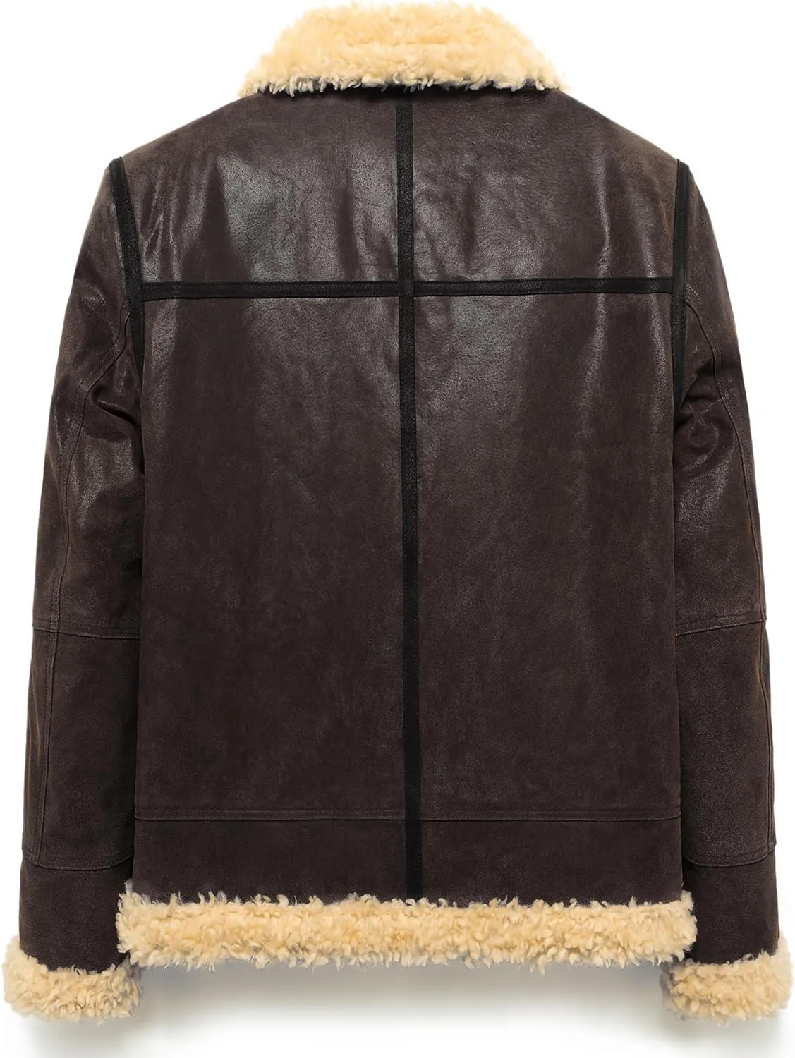 FLAVOR Men's Leather Bomber Jacket Winter Warm Shearling Aviator Jackets with Adjustable Belt Strap