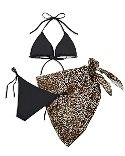 Flirty Triangle Bikini Mesh Skirt Chic 3-Piece Bikini Set-Black Leopard