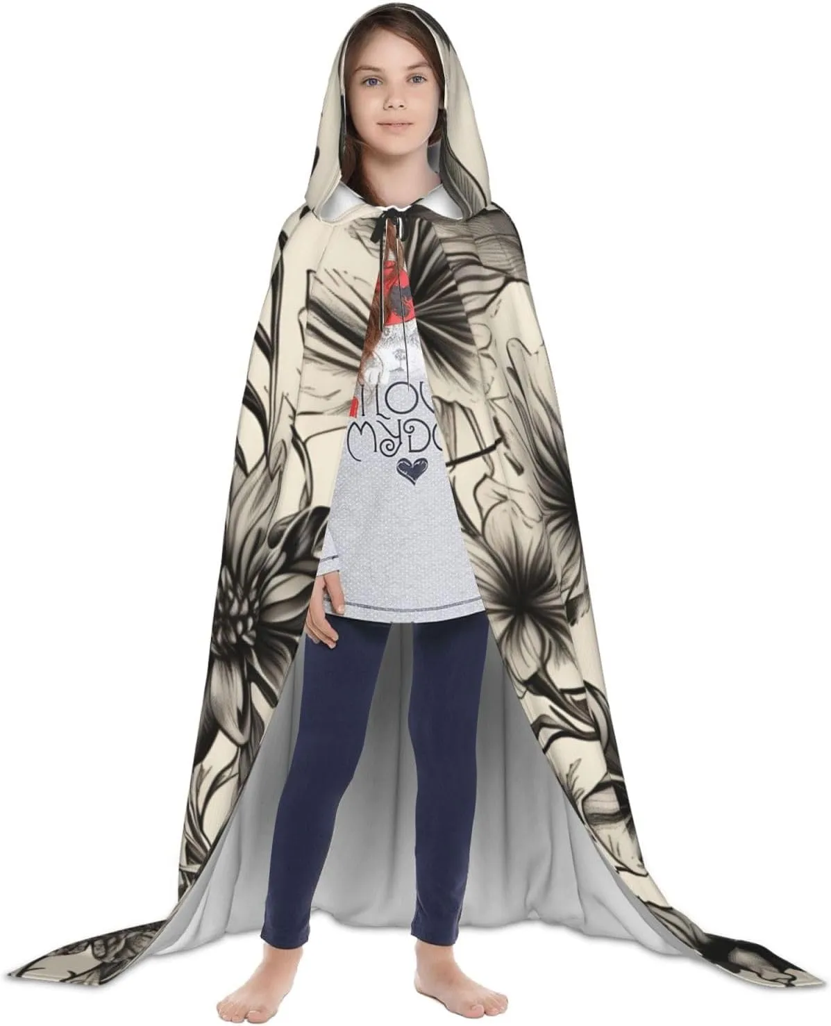Floral Herbs Botanical Pattern Hooded Cloak Coat Winter Warm Long Cloak Cosplay Costumes Outerwear Carnivals
