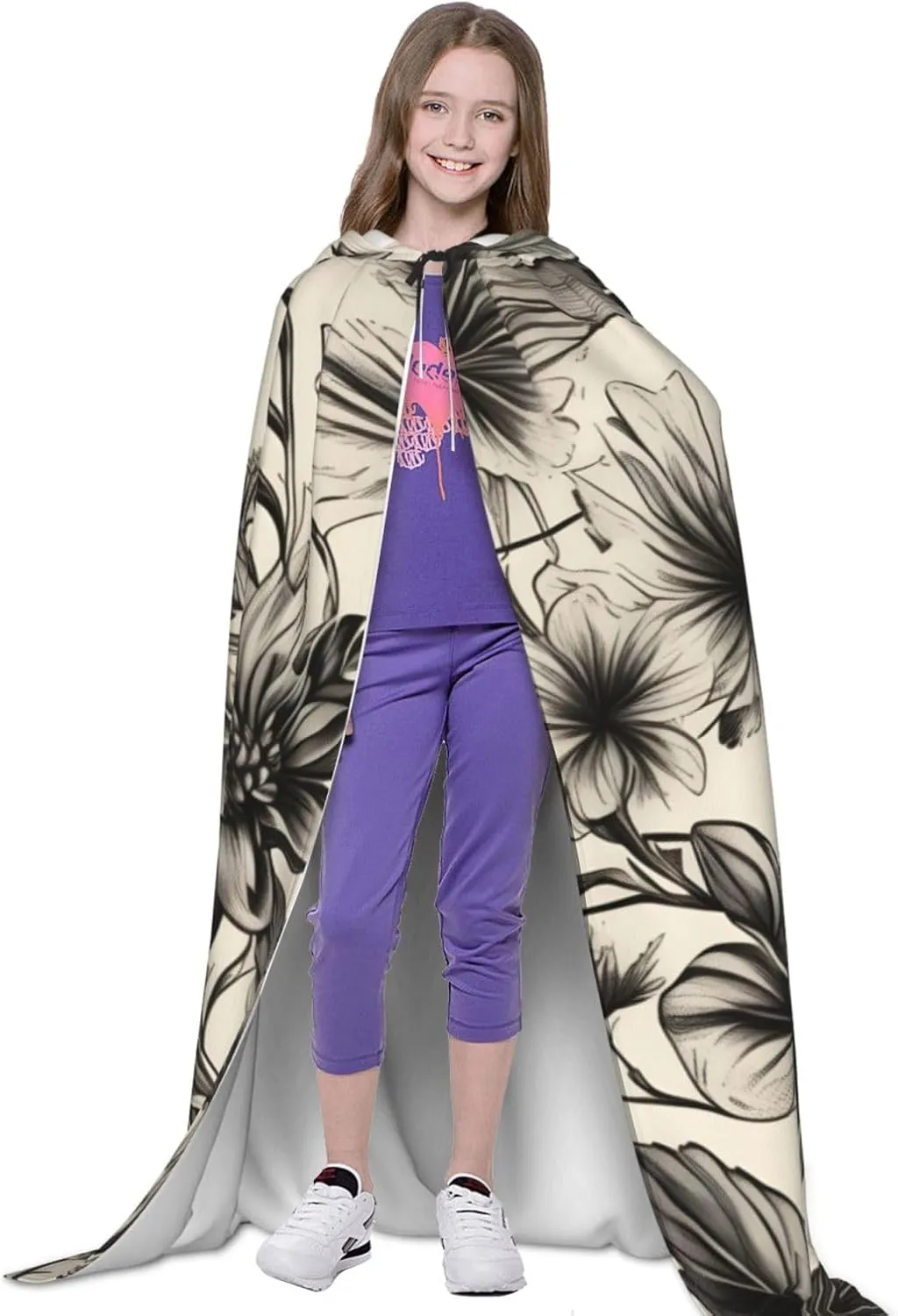 Floral Herbs Botanical Pattern Hooded Cloak Coat Winter Warm Long Cloak Cosplay Costumes Outerwear Carnivals