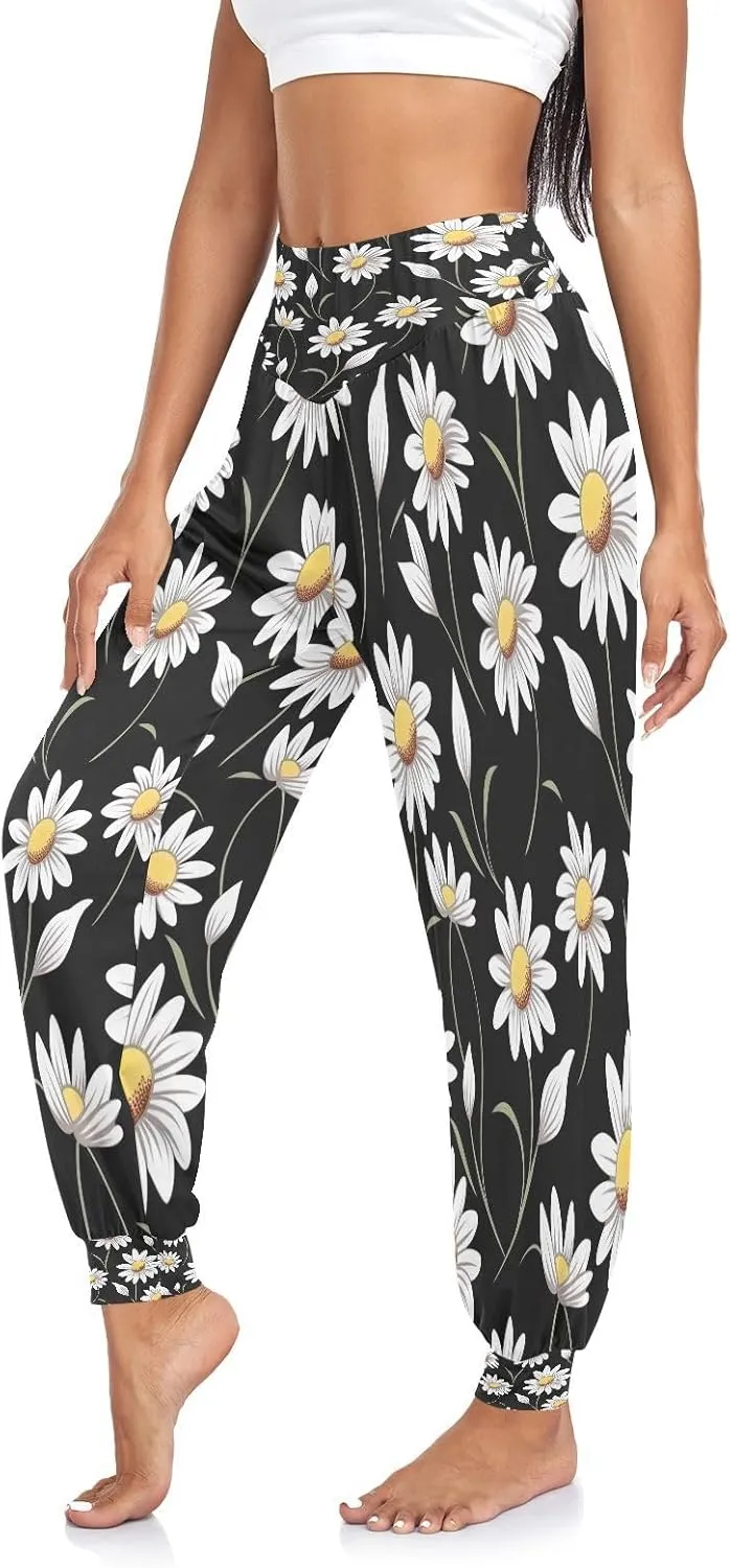 Floral on Yellow Trousers, High Waisted Joggers Loose Pants, Womens Beach Wear (S-XXL)