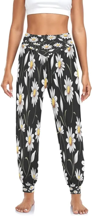 Floral on Yellow Trousers, High Waisted Joggers Loose Pants, Womens Beach Wear (S-XXL)