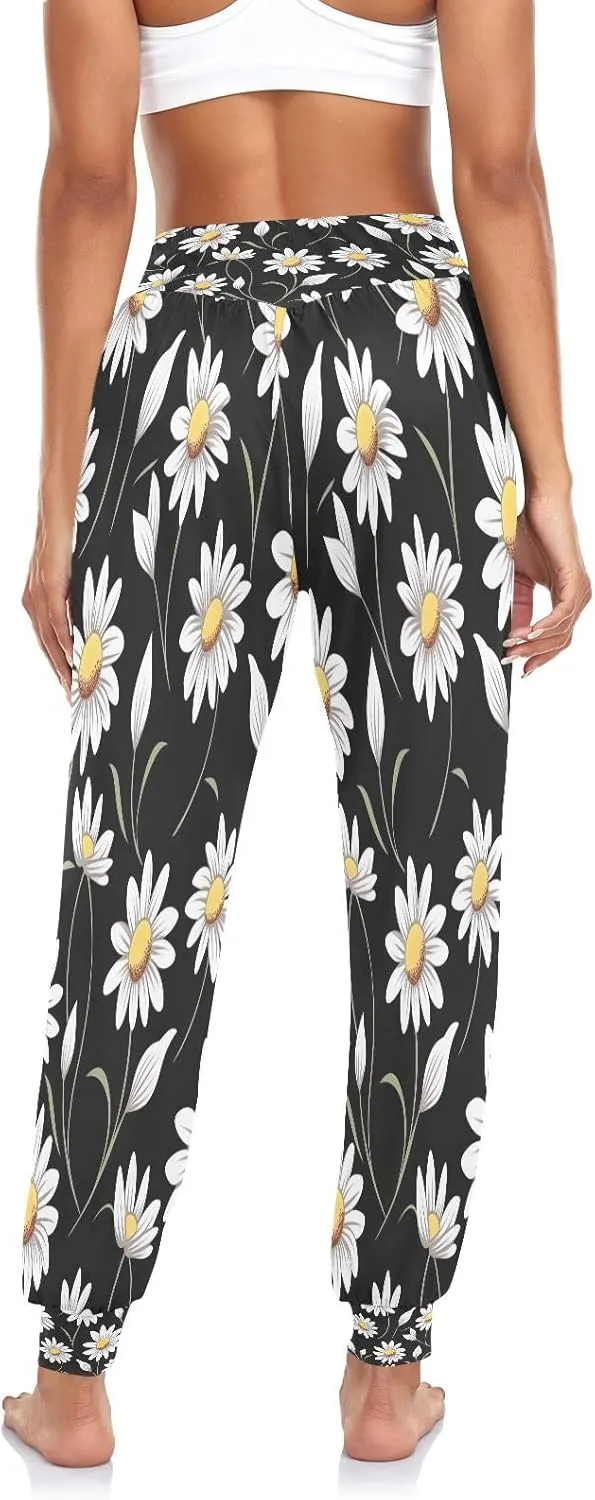 Floral on Yellow Trousers, High Waisted Joggers Loose Pants, Womens Beach Wear (S-XXL)