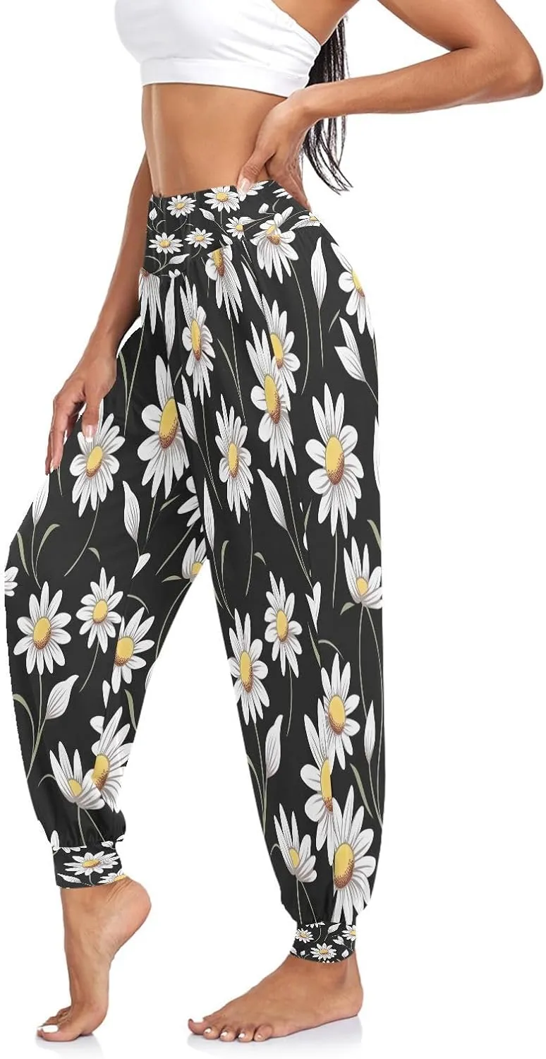 Floral on Yellow Trousers, High Waisted Joggers Loose Pants, Womens Beach Wear (S-XXL)