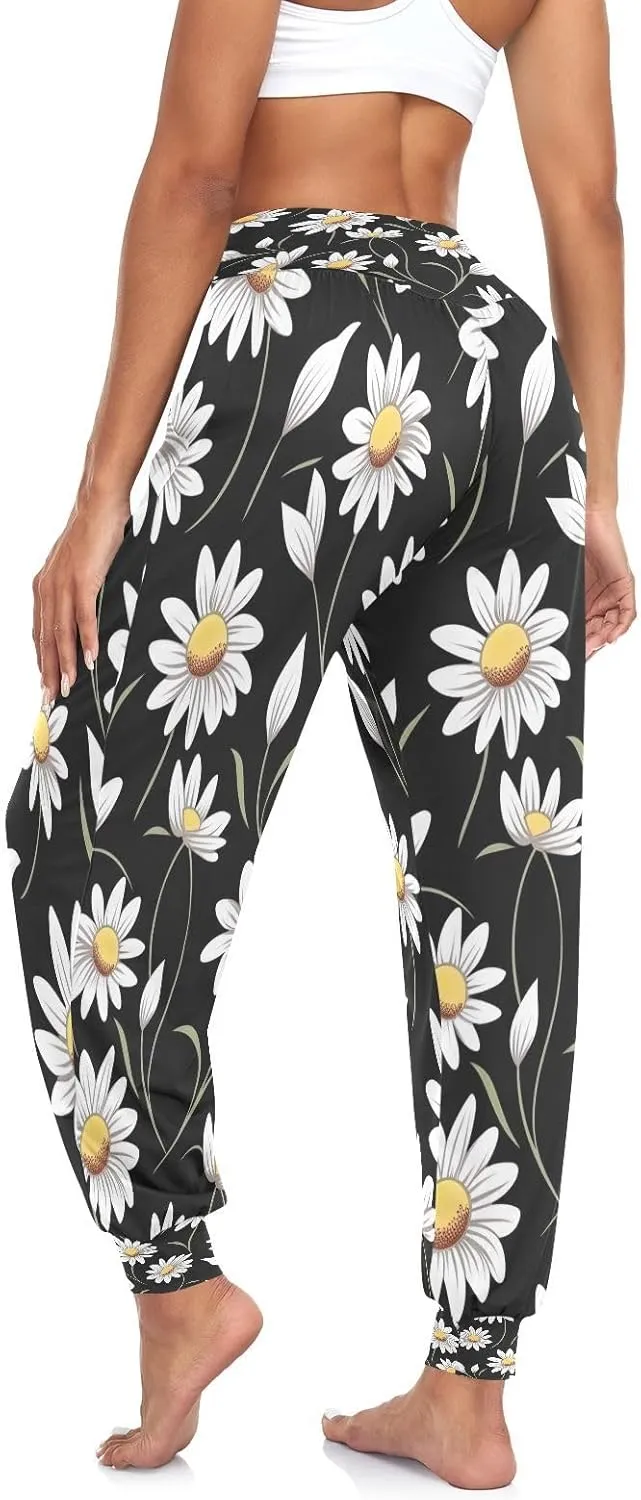 Floral on Yellow Trousers, High Waisted Joggers Loose Pants, Womens Beach Wear (S-XXL)