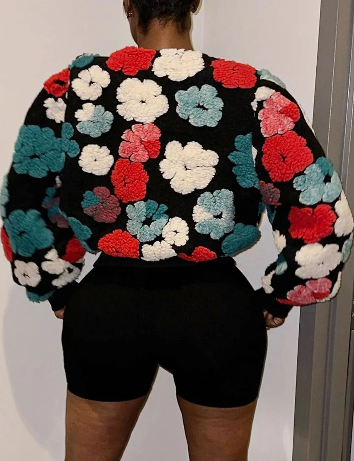 Flygo Women's Cropped Floral Print Bomber Jacket Warm Fleece Varsity Jacket Casual Button Down Puff Sleeve Coat Outerwear