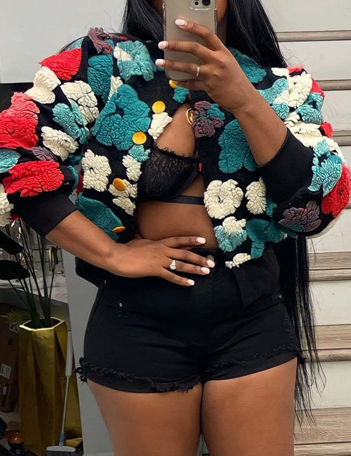 Flygo Women's Cropped Floral Print Bomber Jacket Warm Fleece Varsity Jacket Casual Button Down Puff Sleeve Coat Outerwear