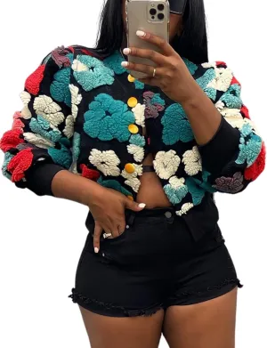 Flygo Women's Cropped Floral Print Bomber Jacket Warm Fleece Varsity Jacket Casual Button Down Puff Sleeve Coat Outerwear