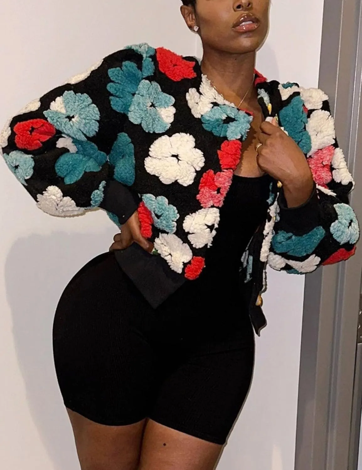 Flygo Women's Cropped Floral Print Bomber Jacket Warm Fleece Varsity Jacket Casual Button Down Puff Sleeve Coat Outerwear